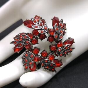 Small Red Rhinestone Silver Wreath Brooch, 1 3/4 Inches